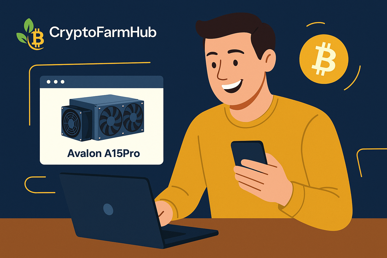 A cartoon image of a smiling man sitting at a laptop and working on his mobile phone; the laptop screen shows an image of an Avalon A15Pro miner. A golden Bitcoin icon is seen next to him.