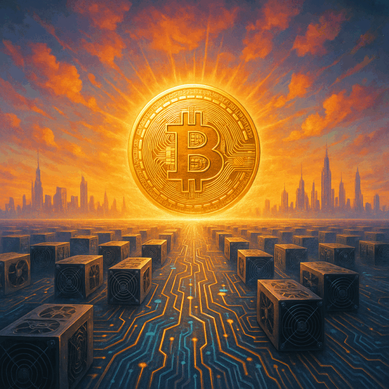 A surreal artwork of a golden Bitcoin coin rising like a sun over a digital landscape of mining rigs and circuit patterns, with a futuristic city skyline, representing Crypto Farm Hub’s vision for Bitcoin mining.