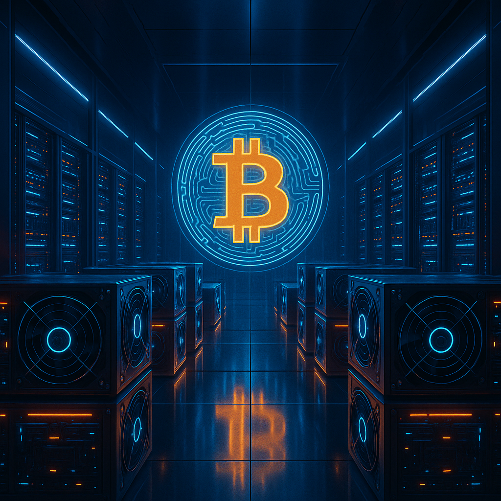 A futuristic digital illustration of a Bitcoin mining farm with glowing neon blue and orange mining rigs in a sleek data center, featuring a holographic Bitcoin logo, representing Crypto Farm Hub’s advanced mining platform.