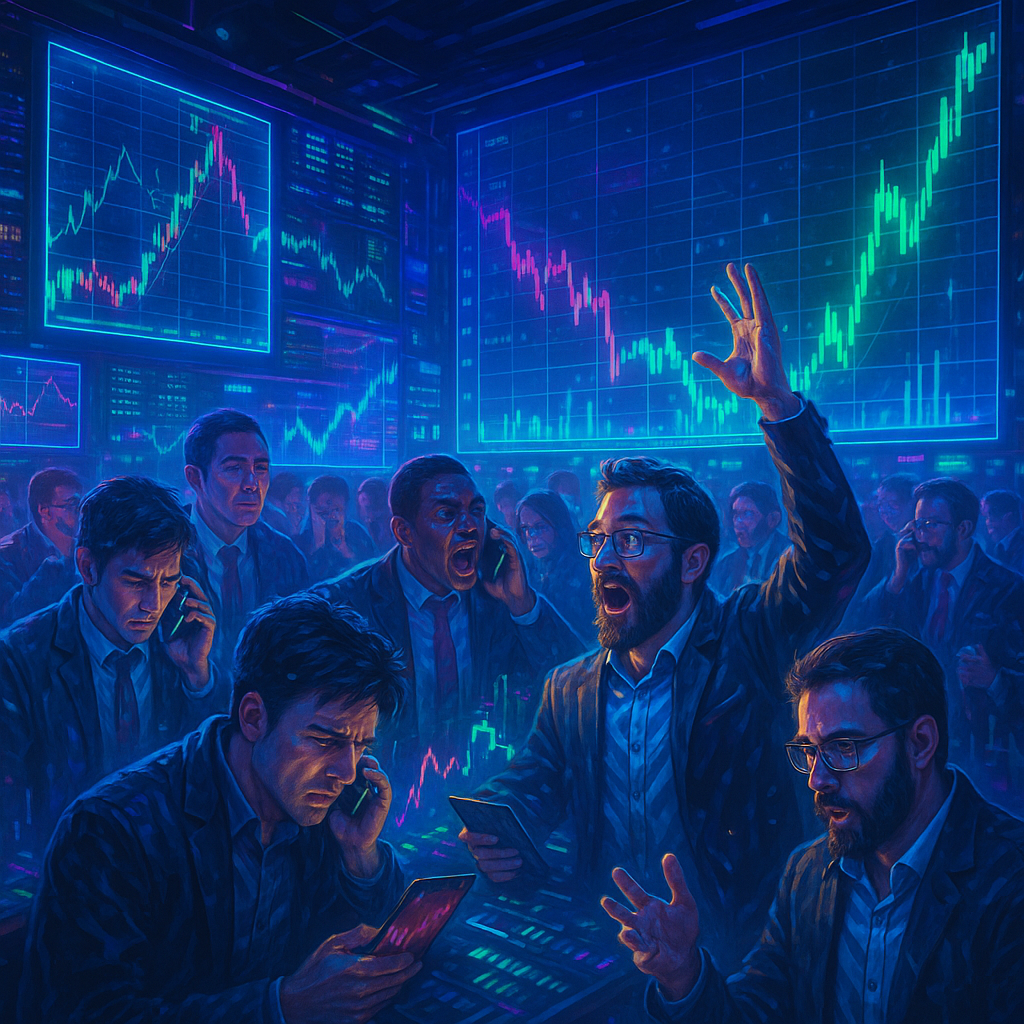 A realistic digital painting in vibrant neon blue, purple, and green, depicting a futuristic crypto trading floor filled with diverse traders reacting to holographic charts of dramatic price swings in a high-energy environment.