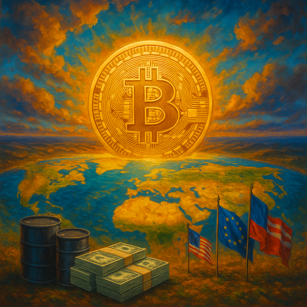 A photorealistic surreal landscape featuring a giant golden Bitcoin coin rising like the sun over a world map, with symbols of oil barrels, fiat currency stacks, and political flags in the foreground under a vibrant, dramatic sky.